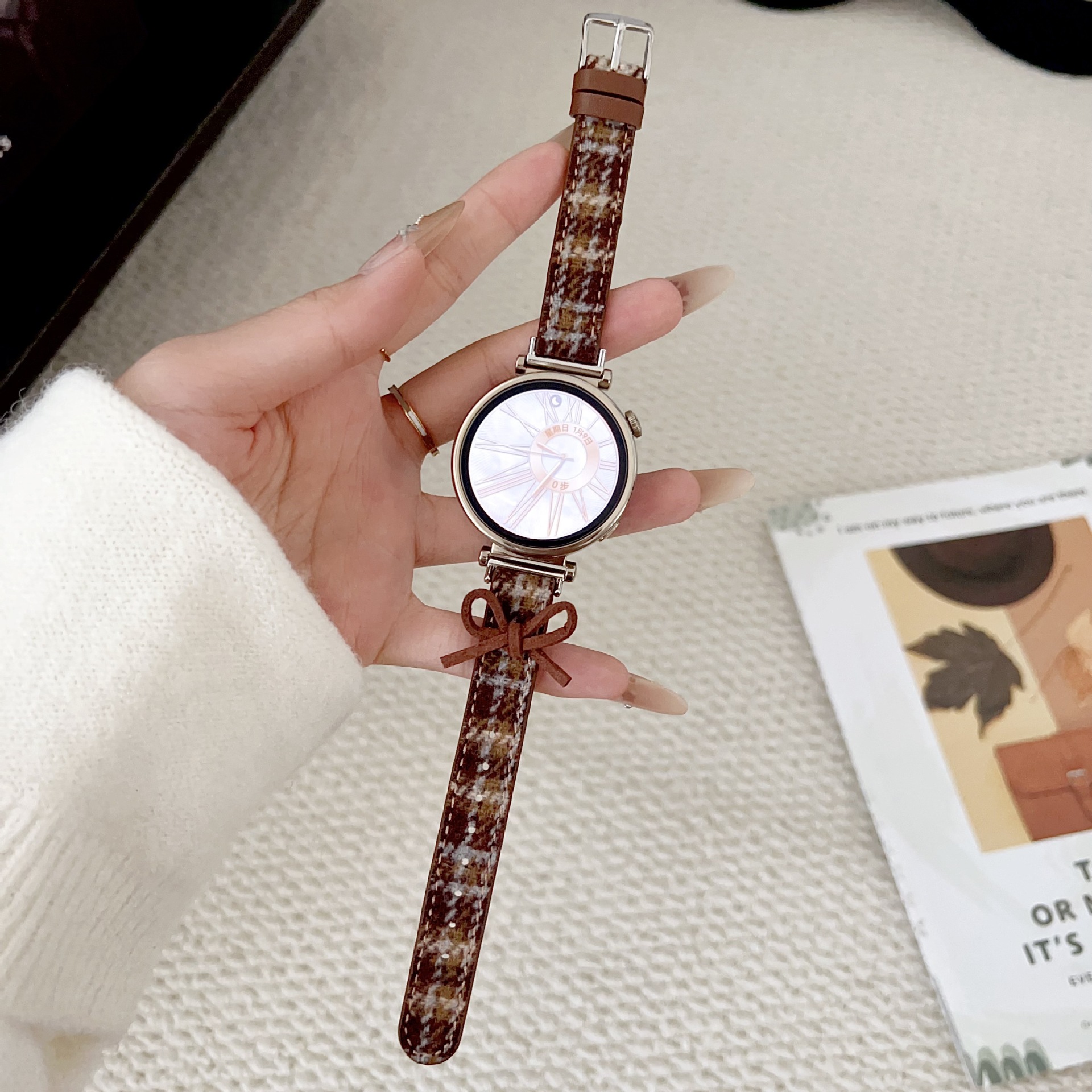 Suitable for Huawei Gt5 Watch Gt6 Bow Plaid Strap Watch4Pro Strap Fit3/4 Bracelet for Women