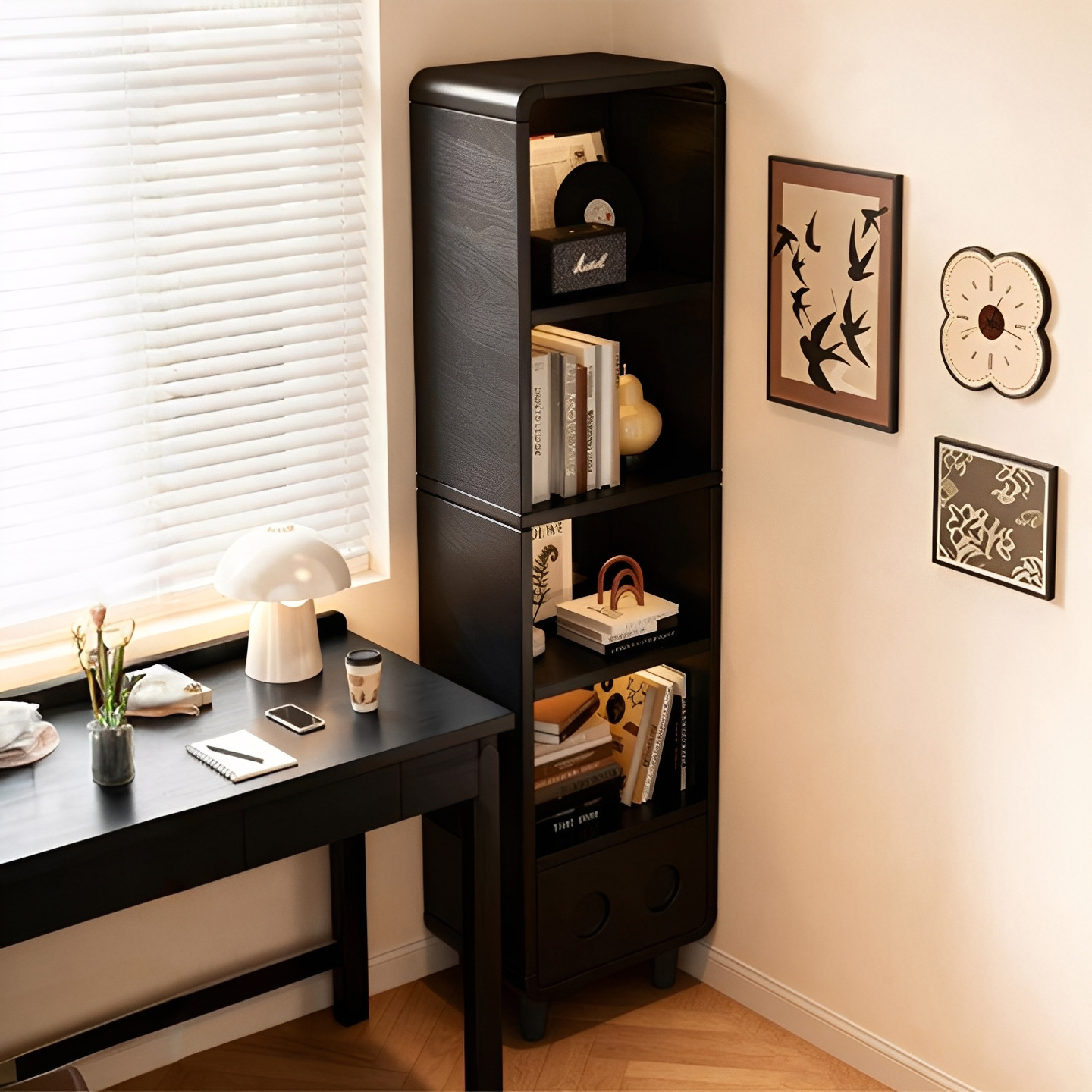 Estante de libros simple, estante de pared doméstico, armario de almacenamiento, sala de estar, armario de esquina estadounidense, armario negro con piernas estrechas