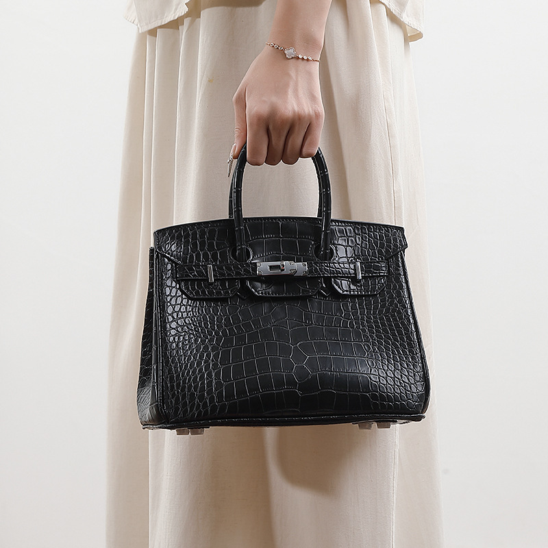 Cross-Border Amazon Crocodile Pattern Platinum Bag 20/25/30cm European and American Fashion Stone Pattern Handbag Tote Bag Wholesale