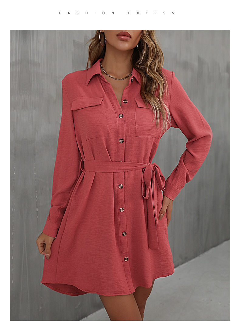 Rochie cămașă dama cu cordon în talie și guler pentru toamnă_voghion.com