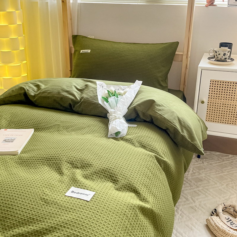 Dormitorio de estudiantes Juego de cama de gofres de algodón de algodón de tres piezas, sábanas, fundas de edredón, sábanas, sábanas y colchones