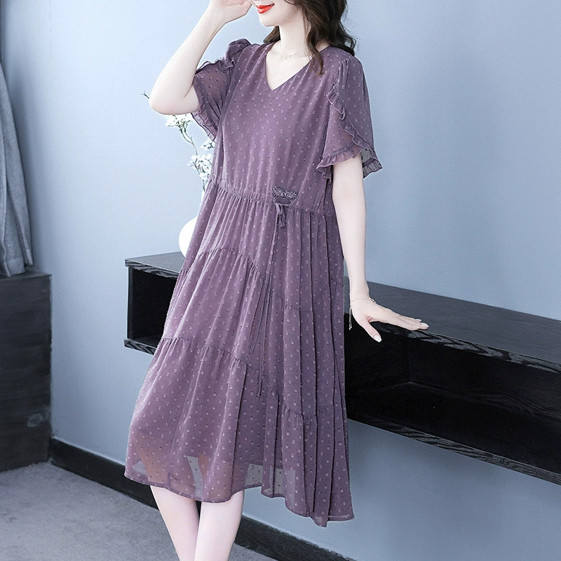 Новое летнее модное шифоновое платье с короткими рукавами и цветочным принтом для похудения, платье больших размеров, женская одежда больших размеров для полных мам