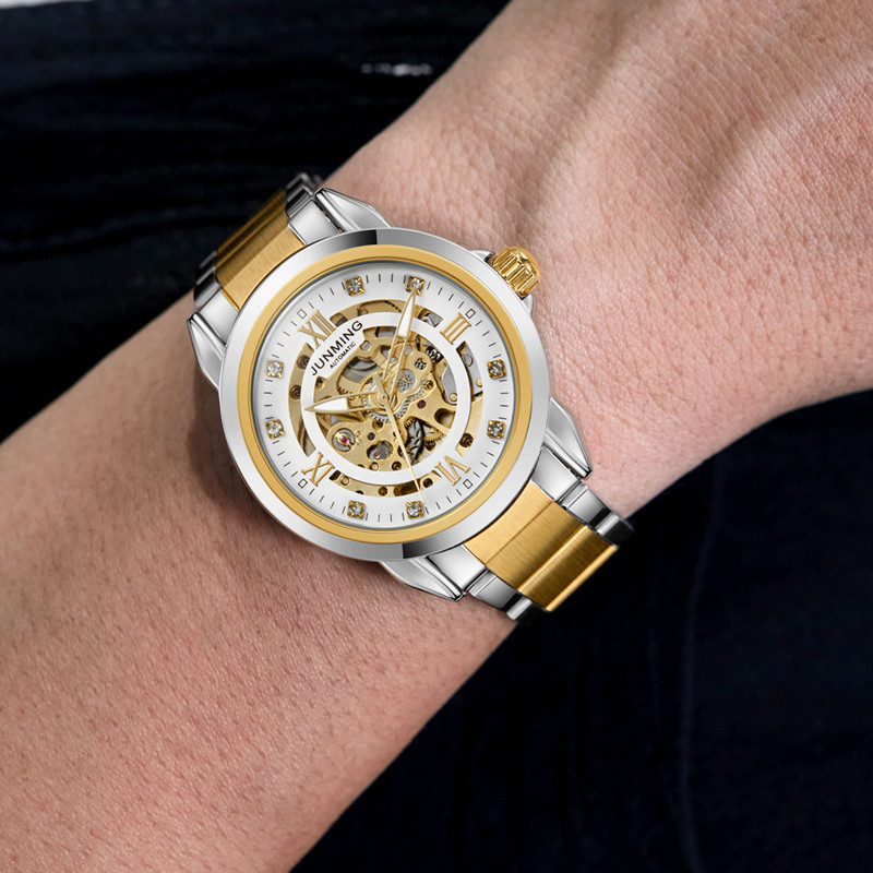 JUNMING marca reloj deportivo impermeable luminoso automático reloj mecánico moda hueco reloj de los hombres