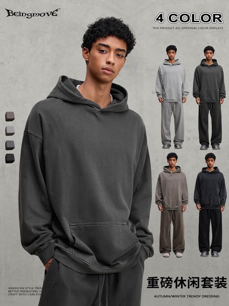 Calle secada| Otoño y invierno marca pesada lavado con agua sudadera con capuchona casual suelta pantalones rectos para hombres dos piezas set