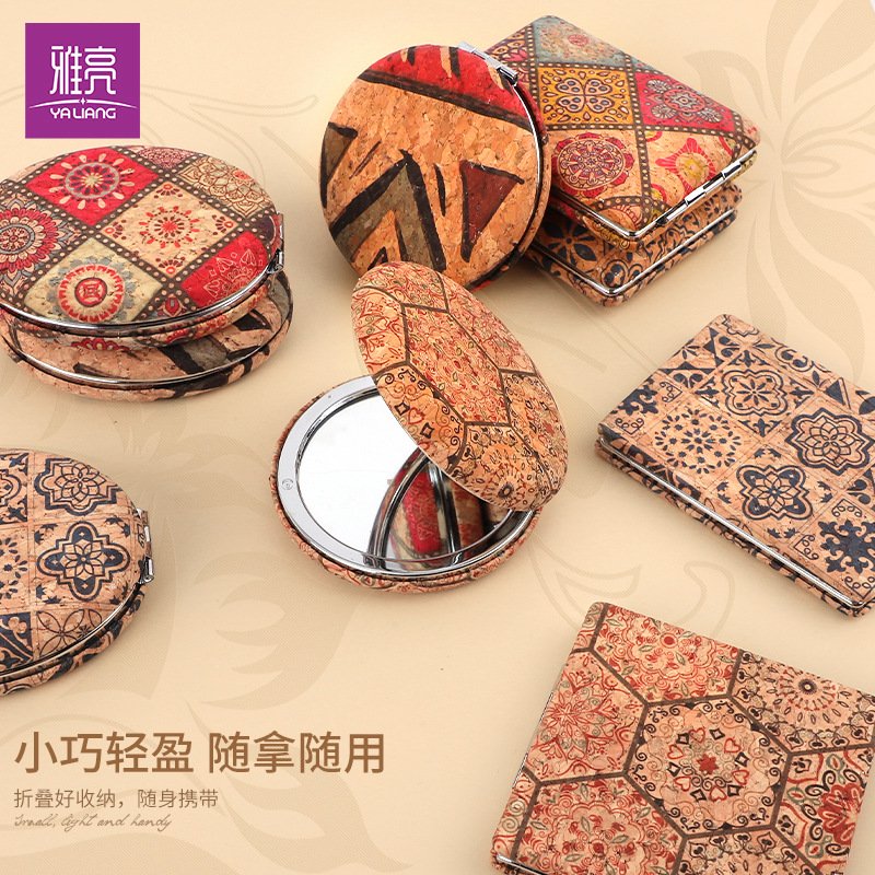 Fuente del fabricante Cuero de grano de madera personalizado estilo bohemio Espejo de doble cara de estilo Xinjiang Espejo plegable Espejo de pan
