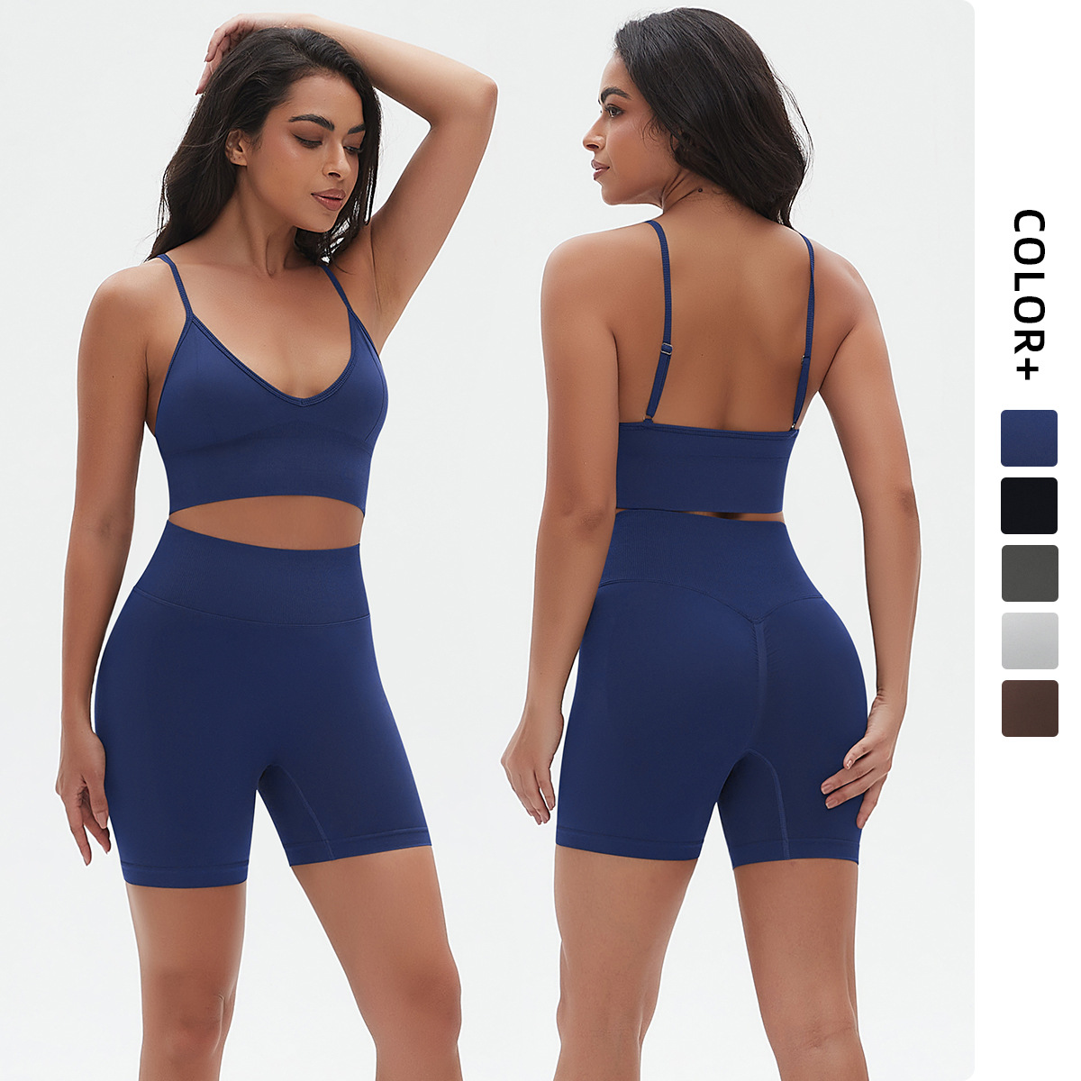 Transfronterizo sin costuras punto de color sólido elástico ajuste sexy yoga conjunto de cabina de dos piezas para correr y fitness