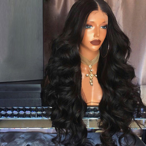 Mid-parted large wave long curly wig for European and American women, African-style synthetic hair wig with a loose black long hair headpiece