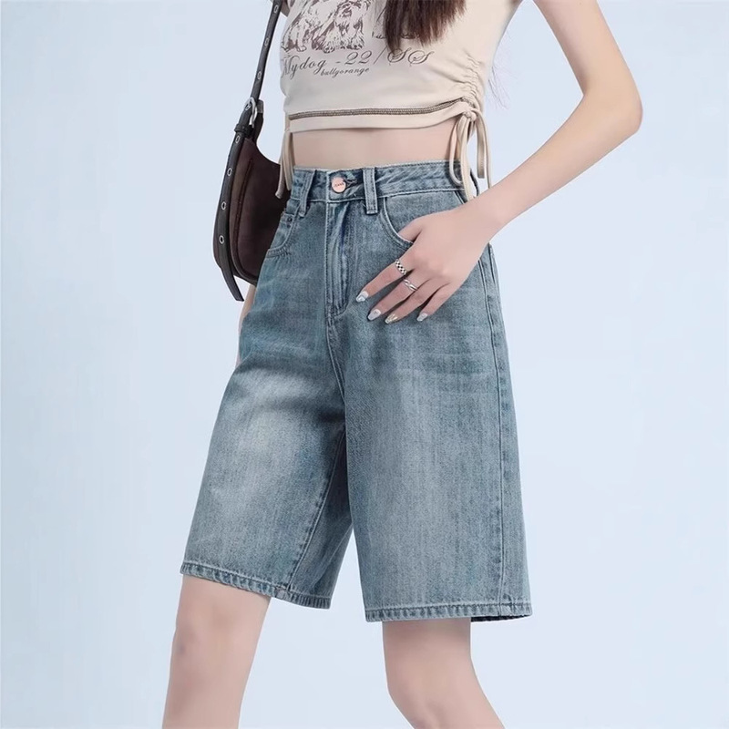 Thin High-Waisted Denim Shorts for Women, Summer Retro, Slimming Mid-Length Pants, Loose Wide-Leg Sports American-Style Five-Point Pants