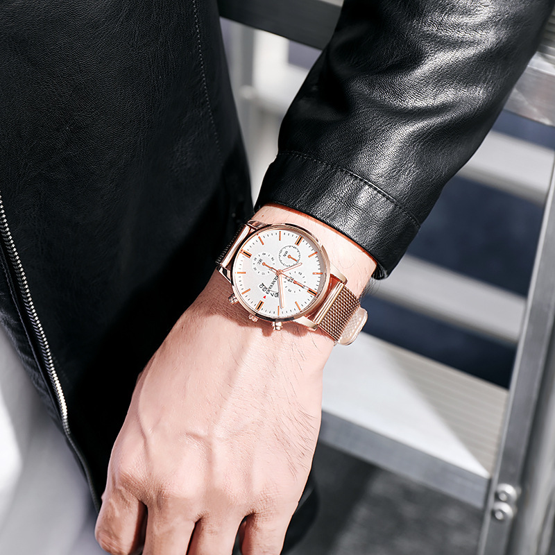 Três GENEVA Olhos Falsos Seis Agulhas Calendário Casual Moda Negócios Quartzo Cinto Relógio Masculino_voghion.com