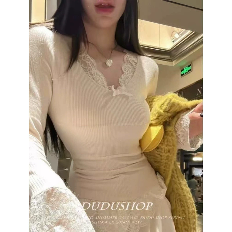 Чистый ветер сексуальная кружевная сшитая футболка с длинными рукавами осенью