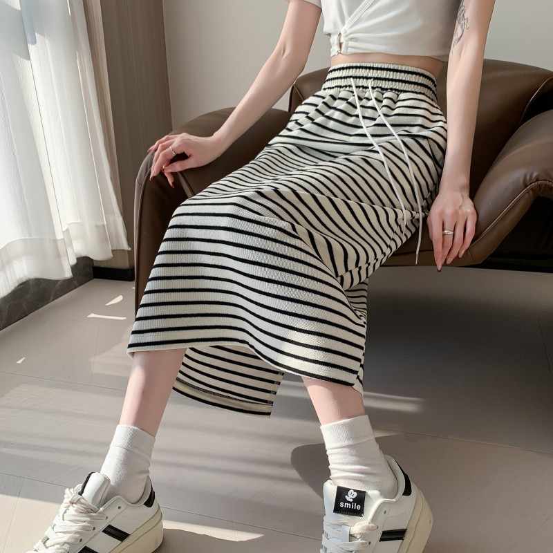 2025新款春季半身裙中长款条纹毛巾布包臀裙显瘦开叉一步裙长裙子