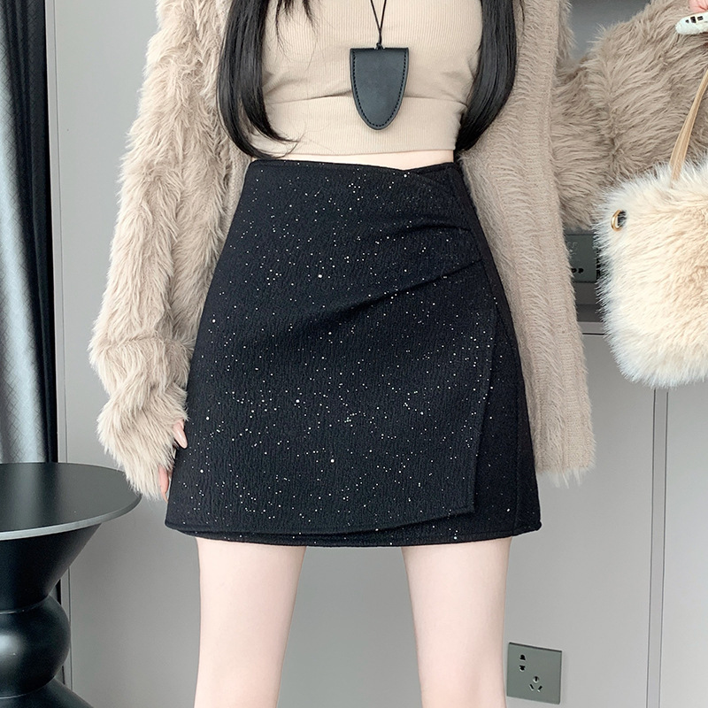 不规则黑色亮片毛呢半身裙女秋冬加厚高腰显瘦防走光a字包臀短裙|undefined