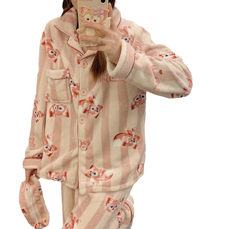 Internet celebridad pijamas de dibujos animados Las Mujeres franela solapa cardigan manga larga Otoño e Invierno máscara engrosada caliente desgaste del hogar traje