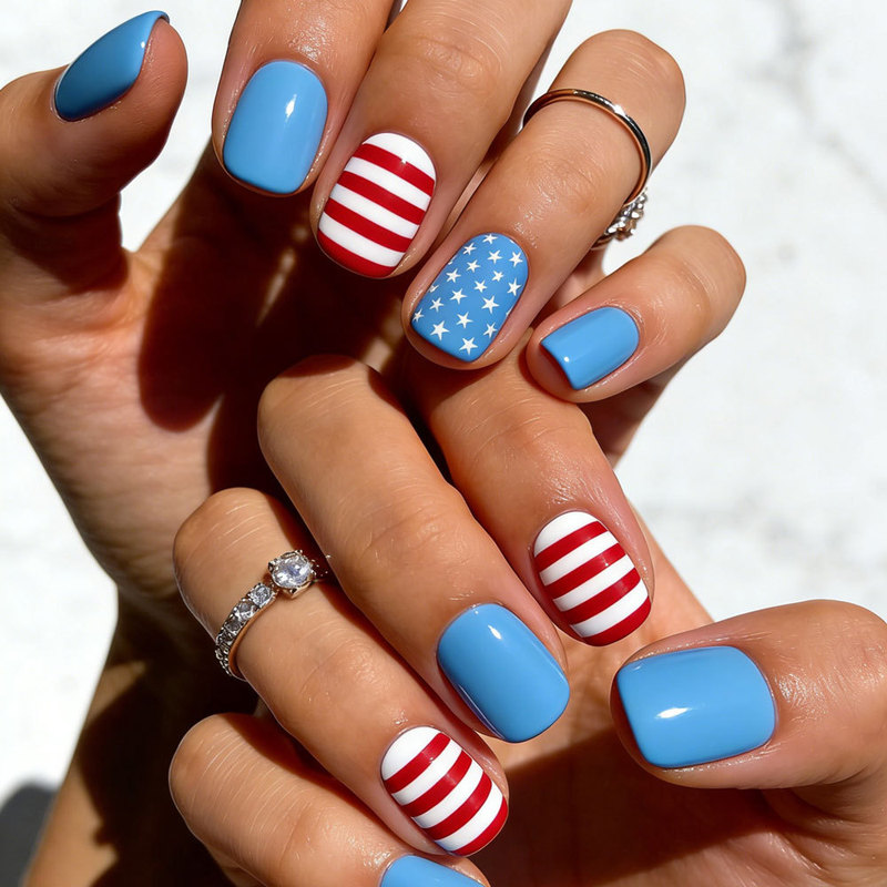 2026 Independence Day Nail Art Red Blue White Striped Stars Wearable Nails Finished Fake Nail Stickers Cross-Border Exclusive Supply