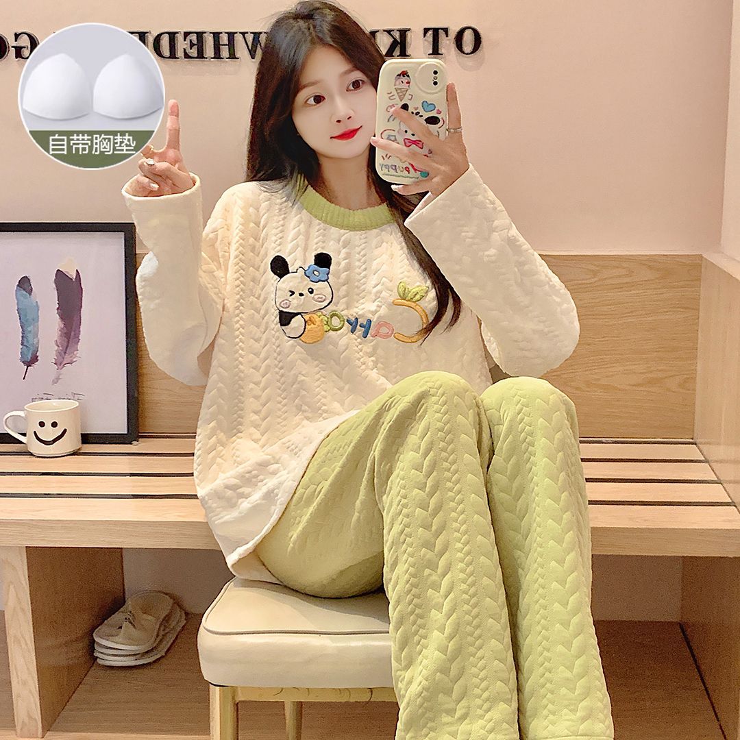 Transfronterizo mayorista invierno chaqueta sándwich chaqueta caliente pijama de ropa de casa de mujer set de ocio con cojín de pecho se puede usar fuera