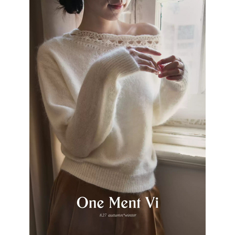 One Ment Vi Six-In-One French Hazy Alpaca Handmade Crocheted Off-Shoulder Knitted Blouse Sweater for Women