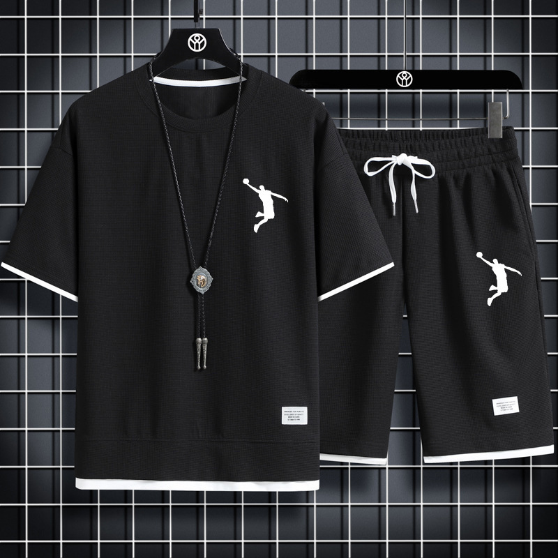 Waffle T-Shirt Hong Kong Style Men's Dunk Print Two-Piece Suit Couple Loose Trendy Large Size Five-Point Pants in Stock