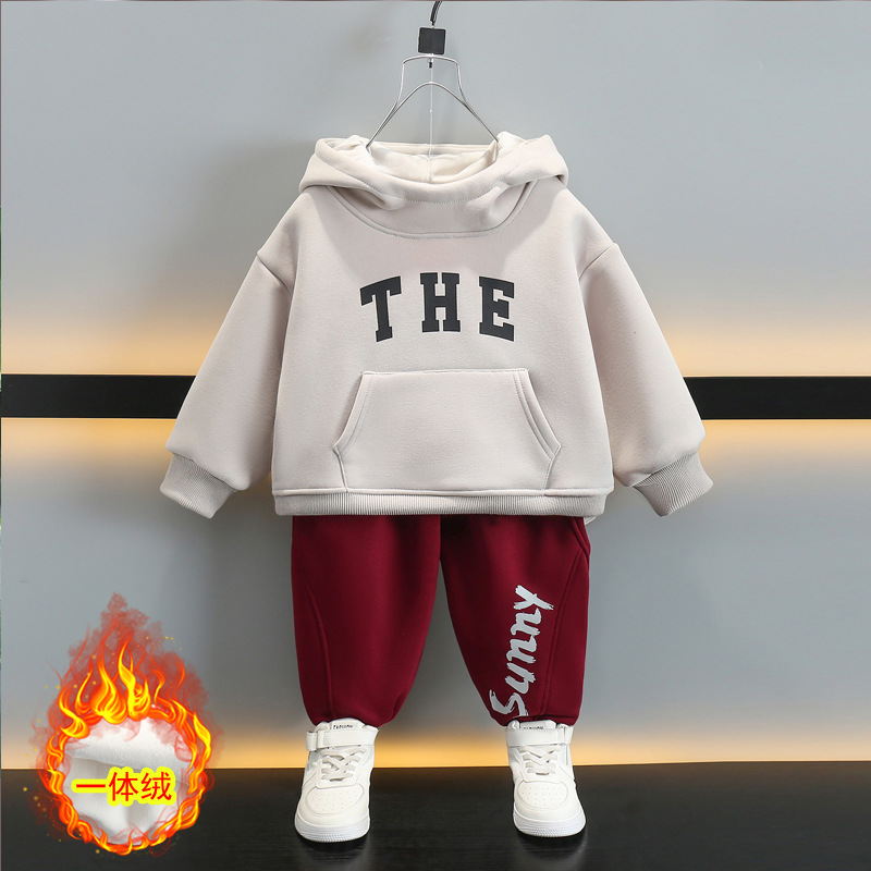 6752 Traje de vellón todo en uno para niños Otoño e invierno 2025 Nuevo estilo de invierno para niños Suéter con capucha más terciopelo de dos piezas de invierno