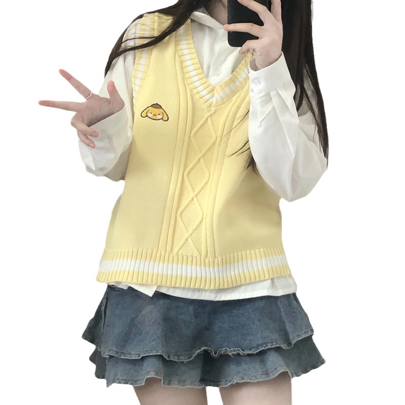 Pudín de Perro bordado de Primavera y Otoño Nueva JK Chaleco de punto de las mujeres chaleco overwear flojo estilo de la Universidad dulce suave glutinoso image 6