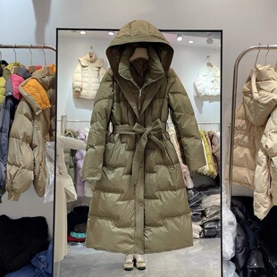 2023 Winter new white duck down waist-tight long lace-up slimming hooded down jacket women's thickened over-the-knee hooded outer