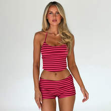 欧美2025秋冬新款女装性感辣妹挂脖系带露背吊带背心条纹短裤套装