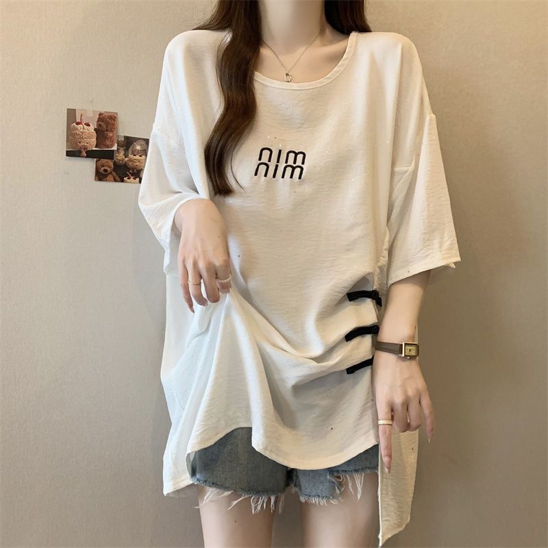 Nueva camiseta de manga corta con hebilla de disco de estilo nacional chino para mujer verano nuevo estilo suelto y delgado top de lentejuelas con pliegues irregulares para mujer ins
