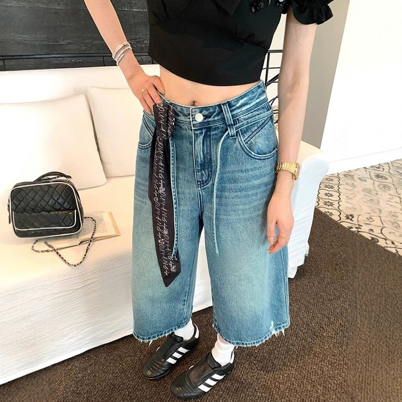 Ouyang 1 Women's Summer Thin Loose Straight Cropped Jeans Wide-Leg Vintage Pants