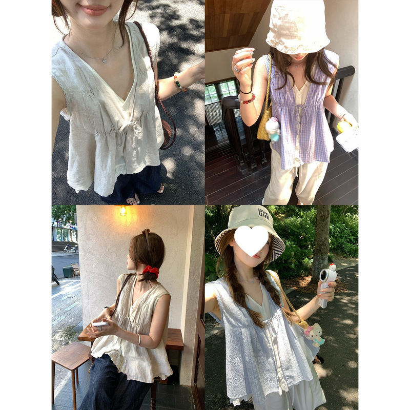[Ready Stock] Im V-Neck Lace-Up Fake Two Pieces! Lace Splicing Shirt Women's Summer Pleated Slimming Look Sleeveless Shirt