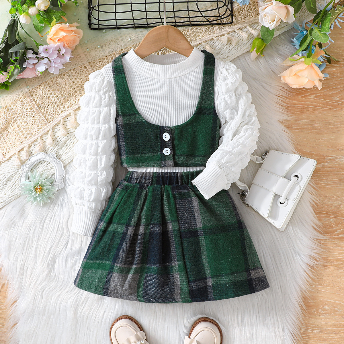 Mädchen Set Aus Karoweste Unterwäsche Und Rock Dreiteilig_voghion.com