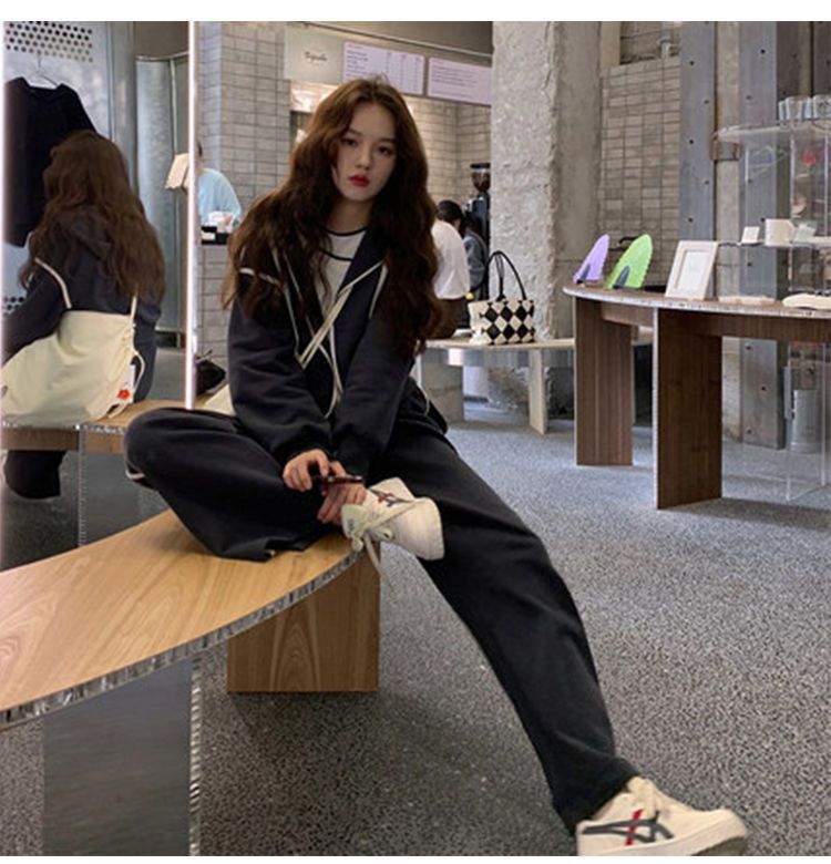 ActiveGo Sports Casual Suit Women Autumn Winter 2024 New Fashion Hong Kong Style Retro Wide Leg Pants Sweatshirt Two Piece Set_desvips.com