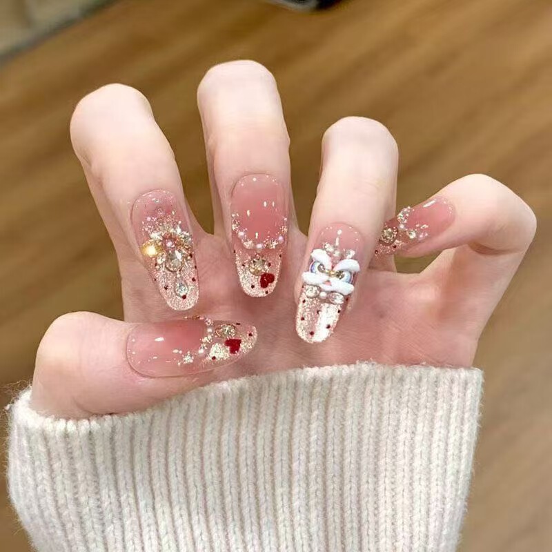 2026 New Year's Lion Dance Nail Art Semi-Handmade Cat Eye Nail Tips That Enhance Complexion, Removable Fake Nail Stickers 2026 New Year's Lion Dance Nail Art Semi-Handmade Cat Eye Nail Tips That Enhance Complexion, Removable Fake Nail Stickers