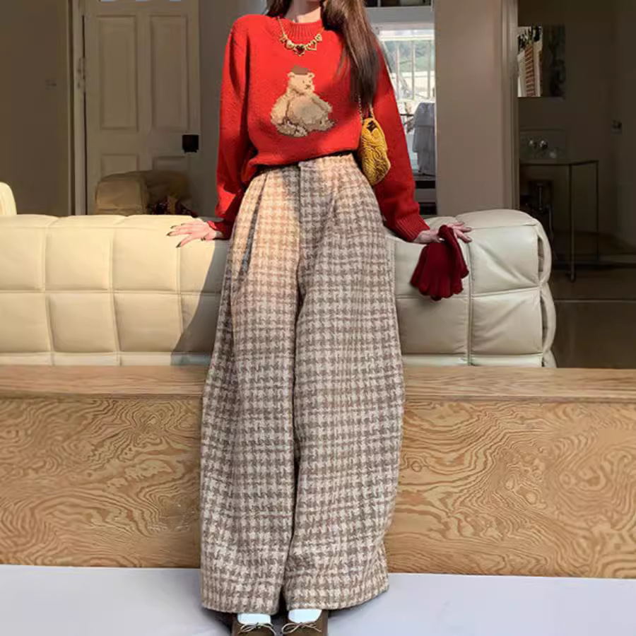 커피 HOUNDSTOOTH 절묘한 트위드 와이드 레그 팬츠 캐주얼 가을 빈티지 틈새 체크 프리미엄 캐주얼 바지