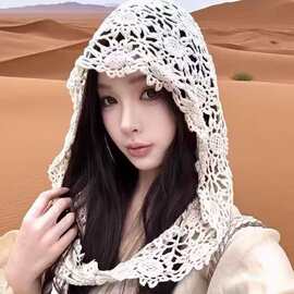 春夏镂空帽子时尚围巾包头披肩女士薄款复古风钩花蕾丝透气针织帽