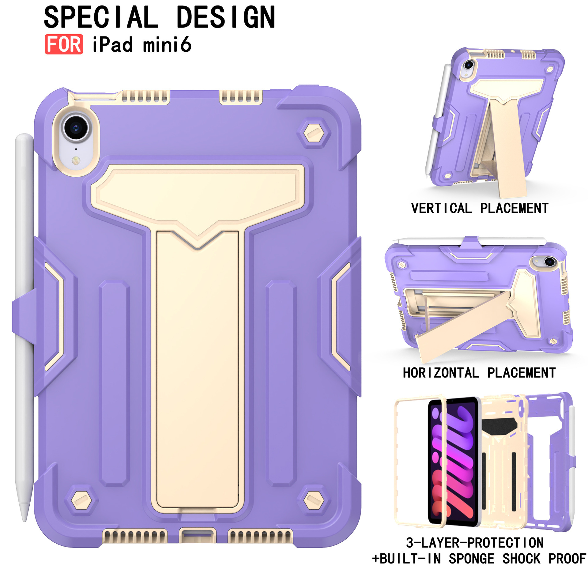 Suitable for iPadmini6 T-bracket color contrast protective cover iPad mini (2021) flat case with Pen slot