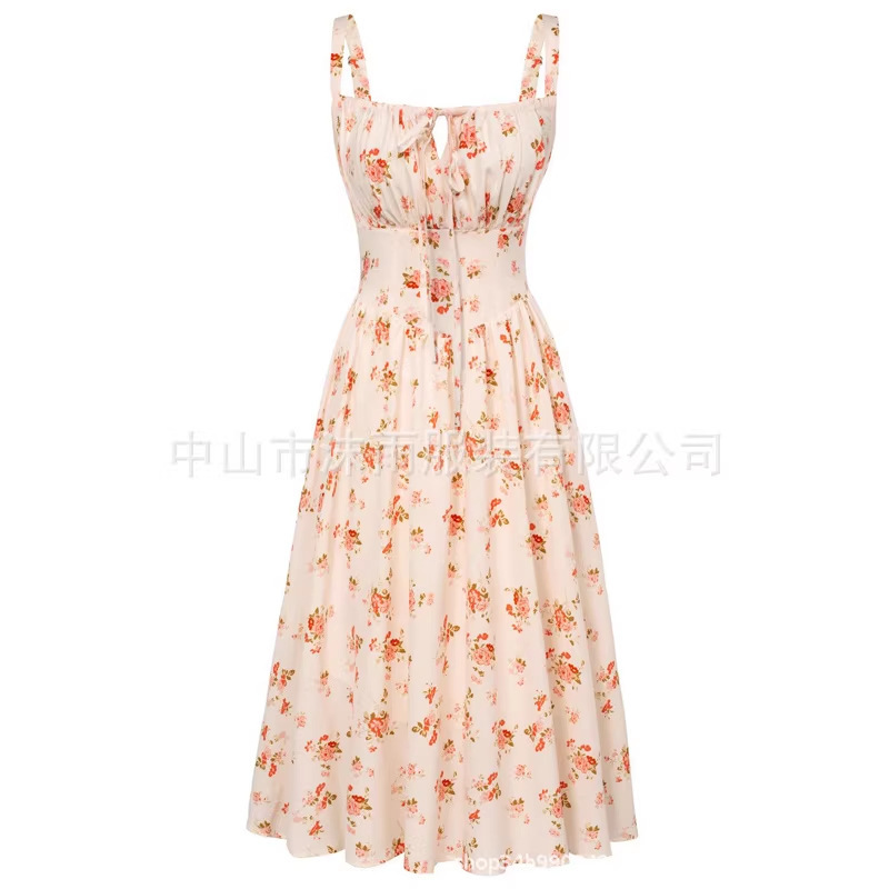 Cross-Border European and American 2026 Summer New Style Printed Spaghetti Strap Dress with Gathered Waist and Tie, Beach Vacation Style Long Dress