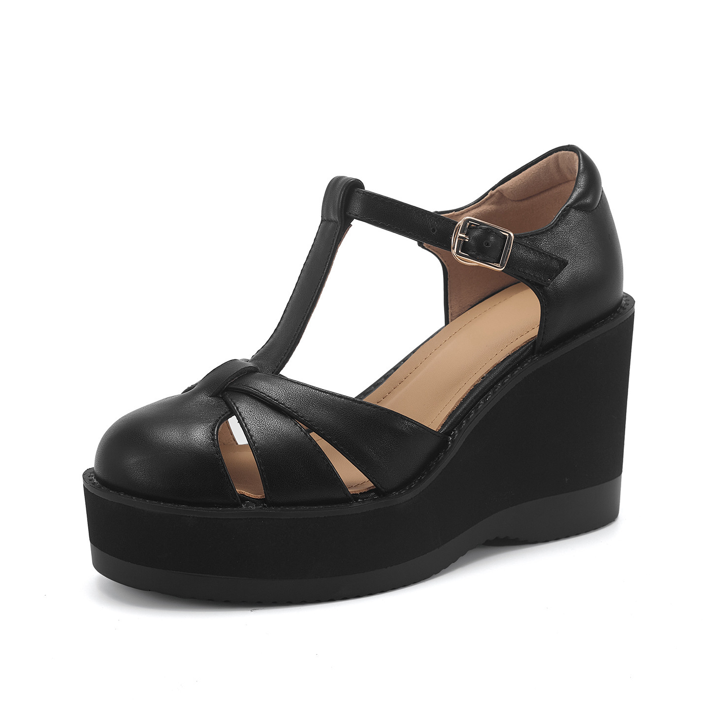 Sandal nữ cao gót đế dày 9.5 cm quai ngang khóa T — đen chi tiết 13