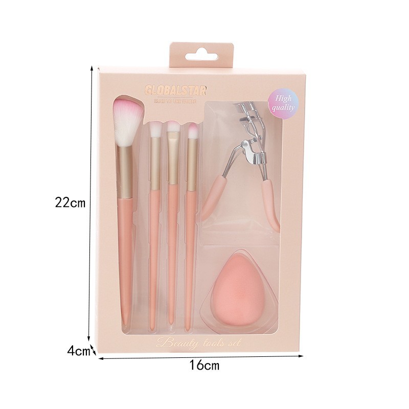 6 brocha de maquillaje mixto, juego de combinación de huevo de belleza, juego de maquillaje fresco y portátil, rizador de pestañas, sombra de ojos, cepillo de rubor