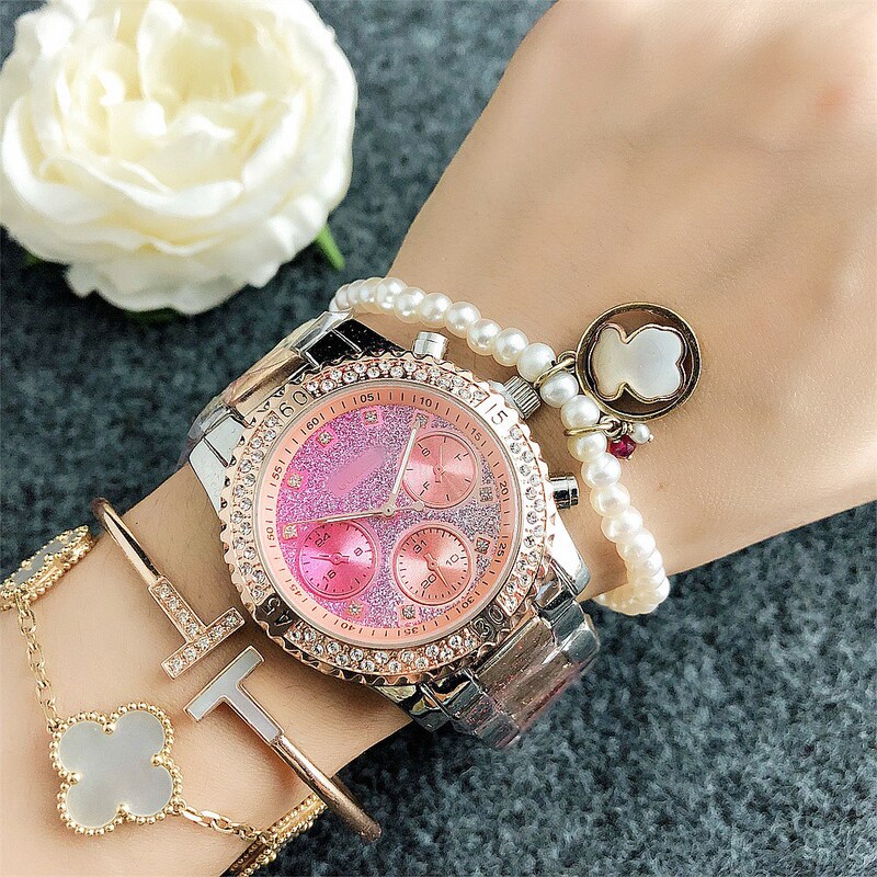 Mk Three-Eye Six-Pin Diamond Watch Cross-Border Watch E-Commerce Quartz Watch Wristwatch Colorful Gradient Watch