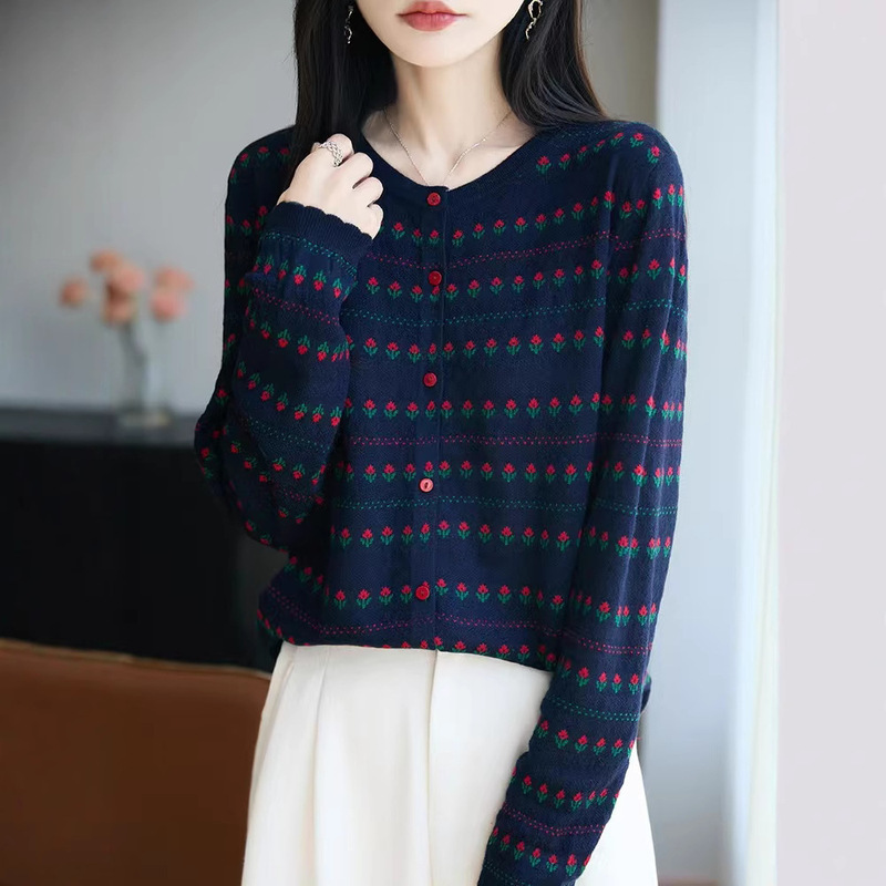 气质高级感撞色郁金香提花短款圆领针织开衫女秋季新款时尚百搭休|undefined