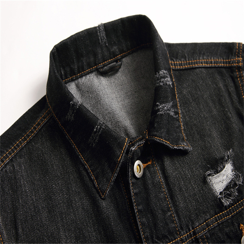 Veste noire déchirée avec poche sur la couture latérale, veste en jean ample à simple boutonnage en coton pour jeunes hommes_voghion.com