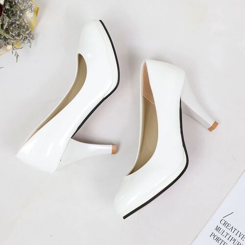 10CM high-heeled shoes waterproof table cosplay all-purpose black leather shoes Korean round head women's patent leather work shoes