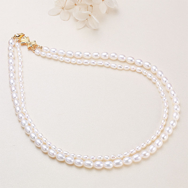 稀有强光淡水小粒珍珠项链女14K包金锁骨链简约气质双层串珠链|ru