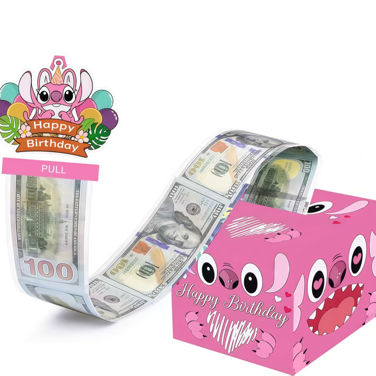 粉色史迪奇生日抽钱盒 创意拉钱机关礼物 卡通派对惊喜藏钱盒