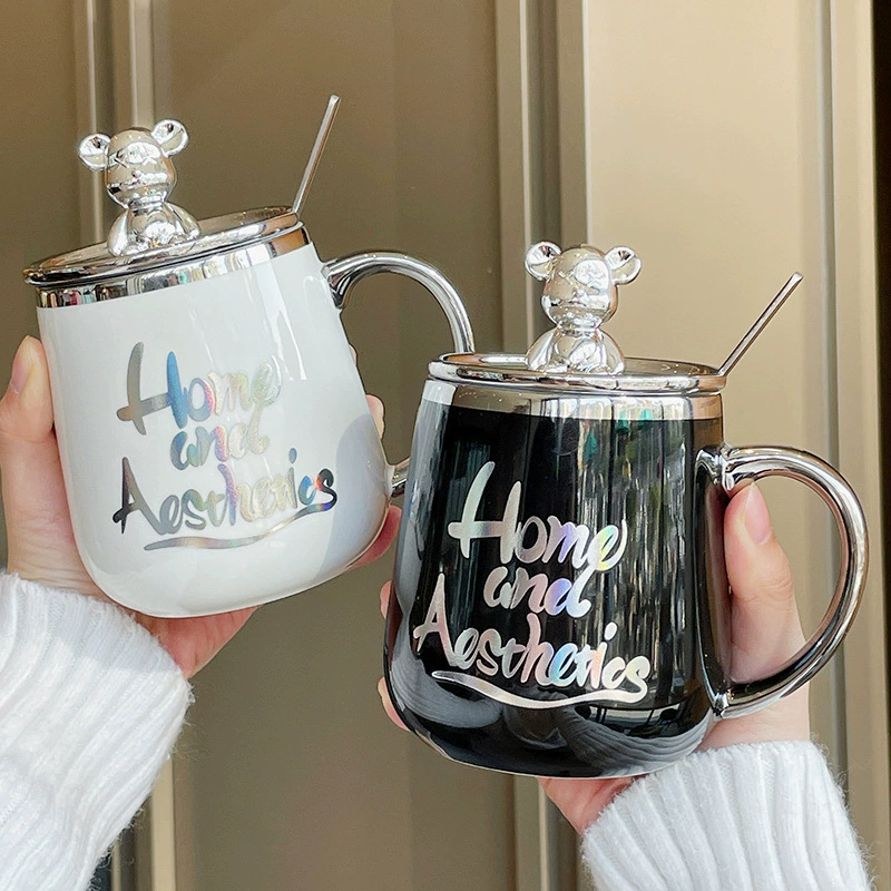 Кружка с крышкой и ложкой, керамическая чашка для женщин и мужчин, стильная домашняя и офисная кружка для кофе, пара кружек для воды.