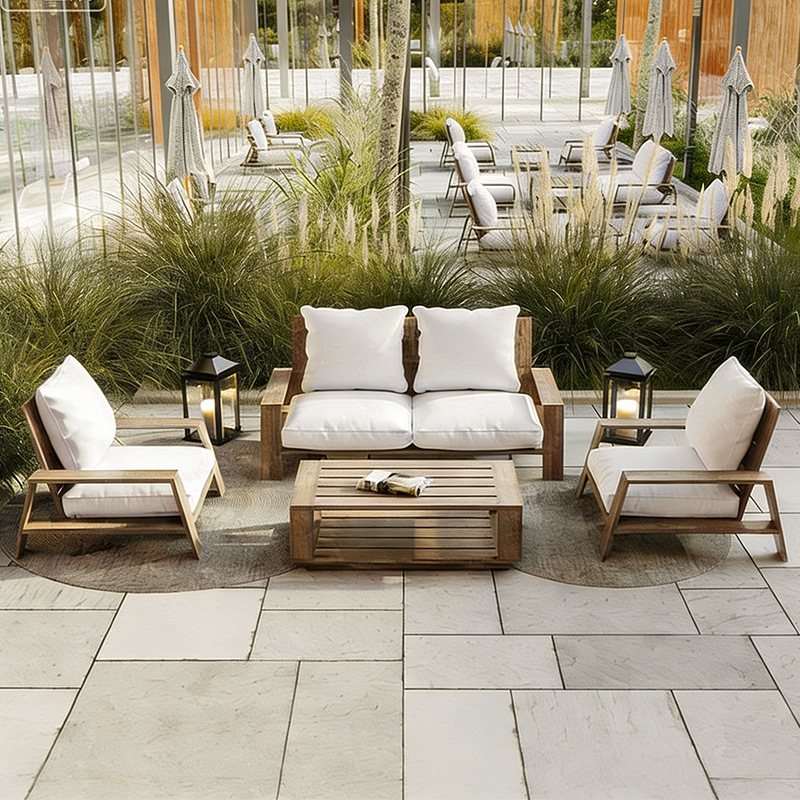 Sofá de teca de alta gama al aire libre combinación de mesa de té patio al aire libre hotel de ocio muebles impermeables y protectores solares