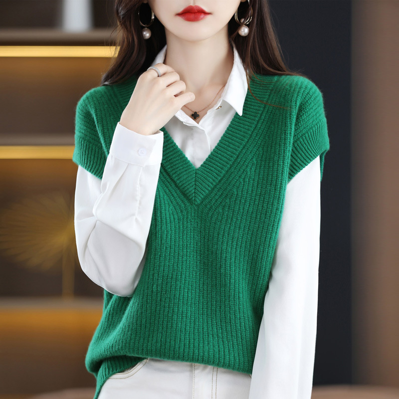 A principios de otoño 2024 nuevo chaleco de punto popular desgaste exterior de las mujeres suéter con cuello en V chaleco suelto top