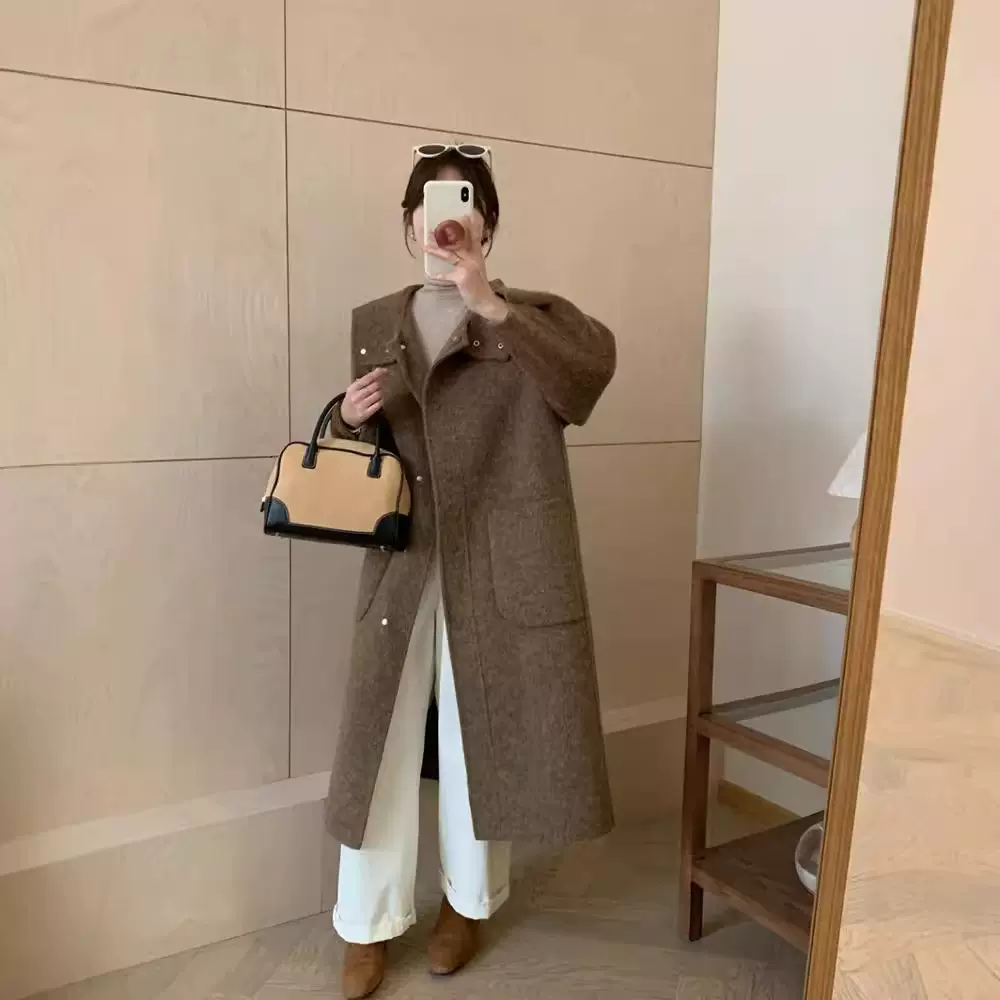 韩版连帽双面羊绒大衣女2024秋冬高级感羊毛呢外套厚实中长款大衣