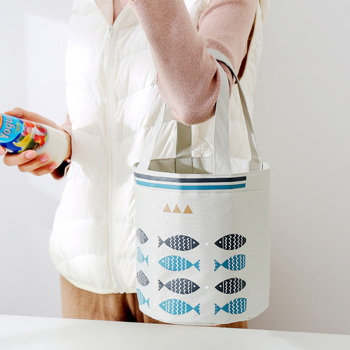 Portable drawstring lunch bag large capacity fresh-keeping insulated lunch box bag round barrel thickened insulated bag student lunch box bag