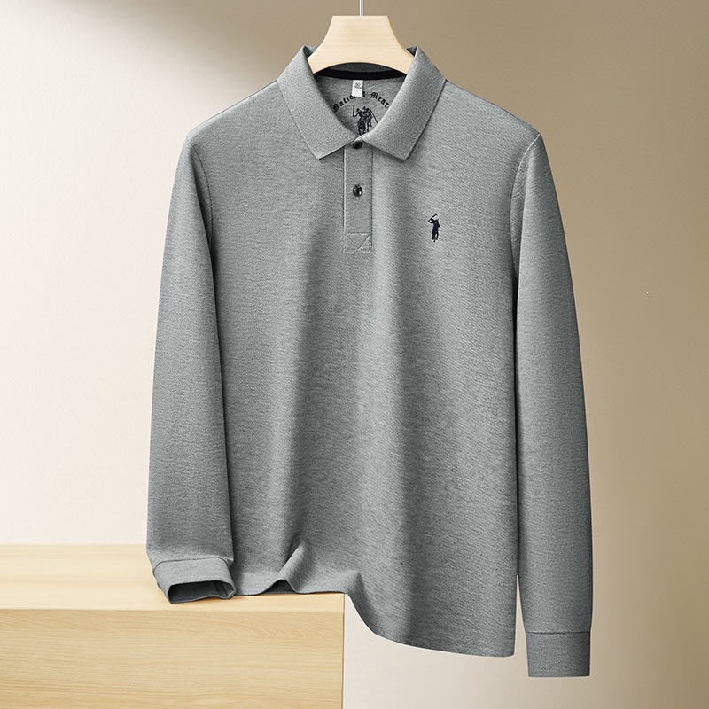 Comfortable and simple solid color embroidered base shirt for middle-aged and young men, new spring and autumn style, business casual and versatile T-shirt.