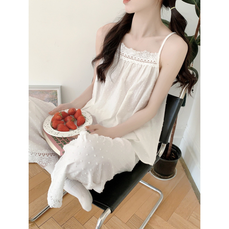 Real Shot of 2025 Pajamas for Women Summer Thin Sexy Suspender Pants Suit Cool Jacquard Nightgown Women's Home Clothes